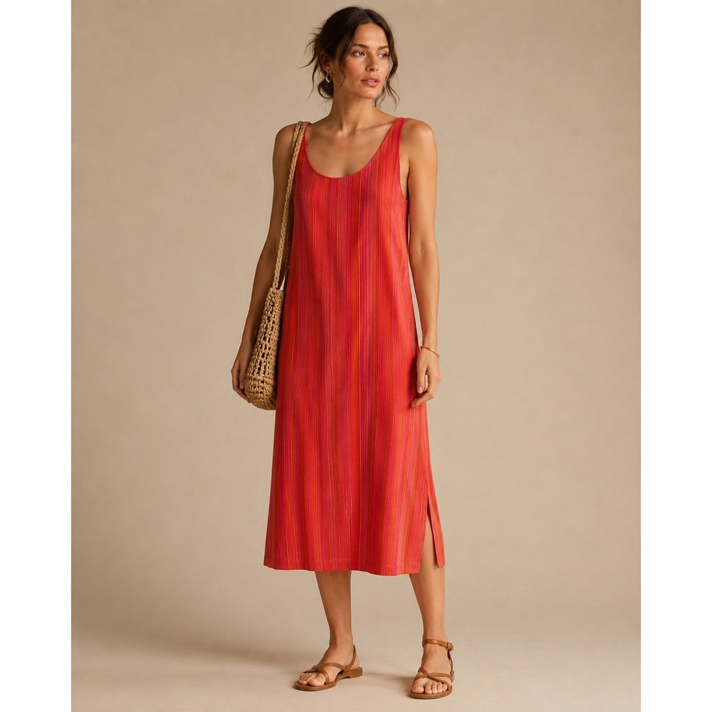 David Brooks Vintage Linen Blend Striped Maxi Dress Red Orange Pink Women 6